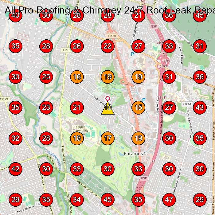 All Pro Roofing & Chimney 24/7 Roof Leak Repair GeoGrid visibility map for Roofing Contractor in Paramus
